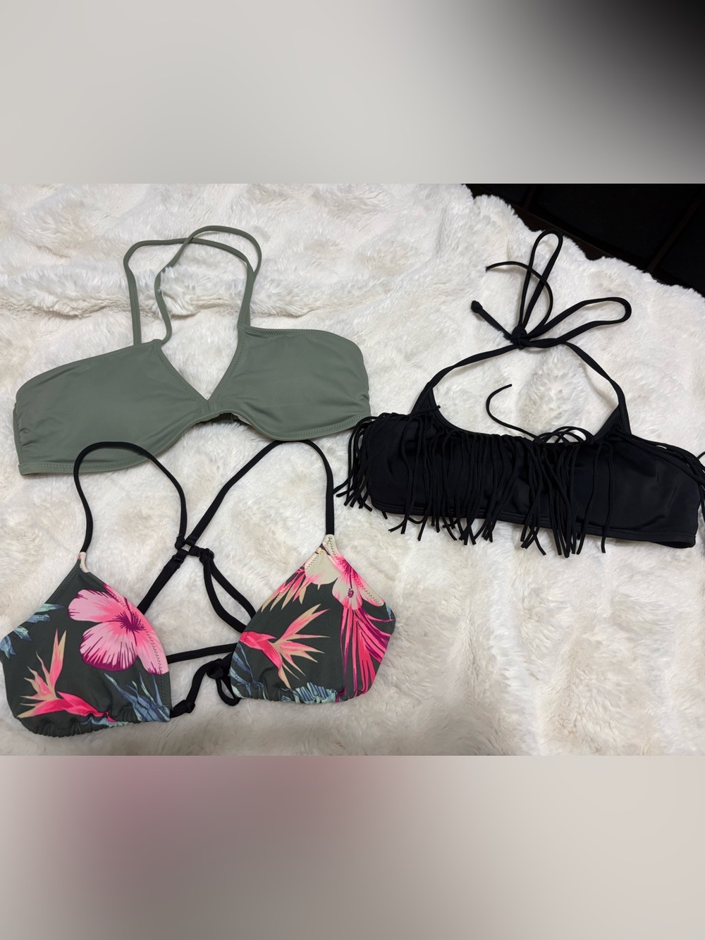 PINK Victoria's Secret Green Olive, Black & Floral Triangle Bikini Tops